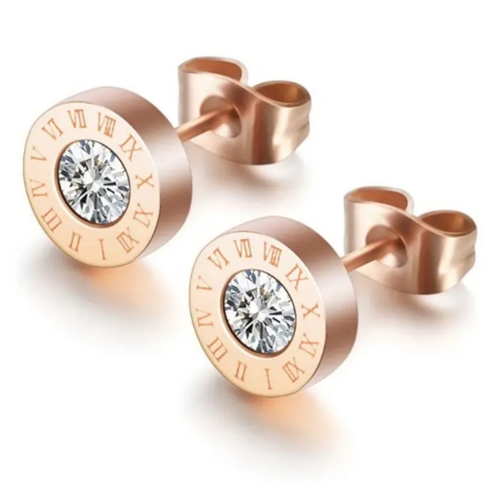 925 Silver Plated Stainless Steel Round Cut Zircon Roman Numerals Stud Earrings. - Picture 2 of 5
